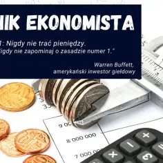Technik ekonomista uczy się zasad zarządzania finansami, jak Warren Buffett. Monety, suwmiarka i kalkulator symbolizują precyzję w ekonomii.