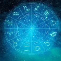 Koło zodiaku z symbolami, w tym Wodnika. Gwiazdy i kosmiczne tło sugerują przepowiednię dla Wodnika.