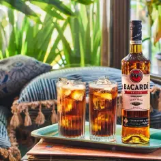 Dwa drinki z rumem Bacardi Spiced i lodem, idealne do letnich wieczorów. Jak dobrać garnisz do drinka na bazie rumu przyprawionego?