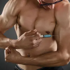 Mężczyzna z kolczykami w sutkach i pępku wstrzykuje sobie niebieski płyn z strzykawki w biceps. Czy to tren?