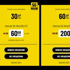 Pluszowy miś zachęca do wyboru oferty internetu 5G Ultra. Dwa plany: 30 zł za 60 GB lub 60 zł za 200 GB.