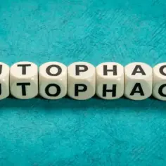 Białe kostki z literami układają napis "AUTOPHAGY". Zastanawiasz się, autofagia co jeść?