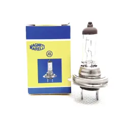 Żarówka samochodowa H1 marki Magneti Marelli obok pudełka.