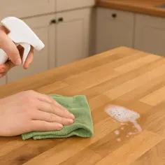 Ręce czyszczą blat pianą. Unikaj najczęstszych błędów przy myciu szafek kuchennych z matowymi frontami, by nie uszkodzić ich powierzchni.