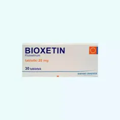 Opakowanie leku BIOXETIN, zawierające 30 tabletek po 20 mg fluoksetyny.