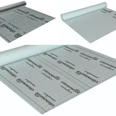 Rolki materiału budowlanego: paroizolacja z aluminium, paroizolacja biała i paroizolacja z nadrukiem.