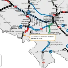 Mapa drogowa Dolnego Śląska z zaznaczoną autostradą A3 i innymi drogami. Widoczny fragment S3 Kamienna Góra Północ - Lubawka oddany do ruchu.
