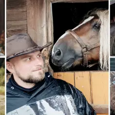 Portret rolników z Podlasia: mężczyzna w niebieskiej kamizelce, kobieta z uśmiechem, mężczyzna w kapeluszu z koniem, mężczyzna w zielonej kurtce i starszy mężczyzna na kanapie.