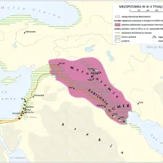 Mapa Mezopotamii, ukazująca zasięg Sumerów, państw babilońskiego i asyryjskiego, oraz wędrówkę Abrahama.
