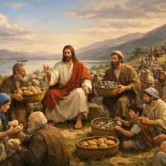 Jezus dokonuje rozmnożenia chleba i ryb dla tłumu. Ludzie siedzą na wzgórzu, a przed nimi kosze pełne jedzenia.