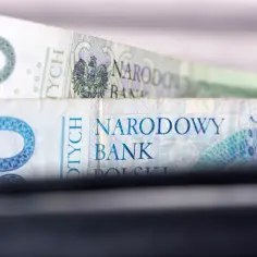 Zbliżenie na polskie banknoty 100 zł z napisem Narodowy Bank Polski.