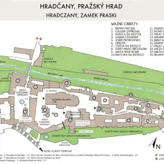 Mapa Hradčan, Zamku Praskiego z zaznaczonymi trasami zwiedzania i obiektami, pomocna przy planowaniu zakupu biletów.