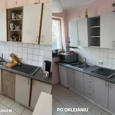 Przed i po metamorfozie kuchni. Wymiana okleiny na frontach kuchennych cena była niska, a efekt zaskakujący.