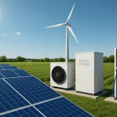 Panele słoneczne, wiatrak, magazyn energii i ładowarka EV na tle zielonego pola. To przyszłość, gdzie jednostka rezystywności jest kluczowa dla efektywności.