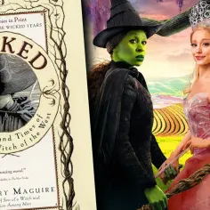 Okładka książki "Wicked" i dwie czarownice, jedna zielona, druga w różowej sukni.