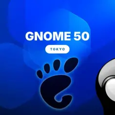 Gnome 50 w Tokio. Pingwin Tux wita na tle niebieskich kształtów.