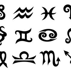 Znak zodiaku 22 lipca to Rak. Na obrazie widoczne są wszystkie 12 symboli zodiaku w czarnym kolorze na białym tle.