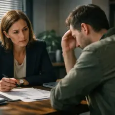 Kobieta w garniturze tłumaczy mężczyźnie, jak czy w testamencie można zapisać mieszkanie.