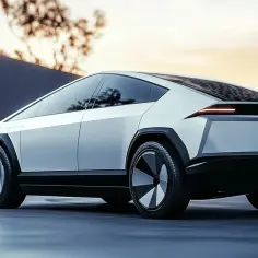 Futurystyczny, biały Tesla Model 2 z ostrymi liniami, widok z tyłu, na tle zachodzącego słońca.