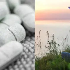 Tabletki Hydroxyzinum i kobieta medytująca o zachodzie słońca. Sprawdź hydroxyzinum cena na Lekarzomat.pl.