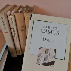 Książka "Dżuma" Alberta Camusa na pierwszym planie, obok inne polskie powieści.