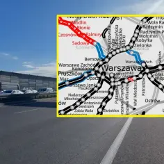 Korek na drodze S8. Obok mapa z zaznaczonymi stacjami metra w Warszawie, w tym linią S2.