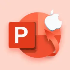 Ikona PowerPoint i jabłko Apple z strzałką, symbolizujące jak odzyskać niezapisaną prezentację powerpoint na Macu.
