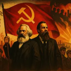 Karol Marks i Fryderyk Engels na tle czerwonej flagi z sierpem i młotem, symbolizującej komunizm. W tle przemysłowe fabryki i wschód słońca.