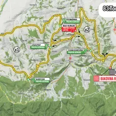 Mapa 6. etapu Tour de Pologne. Trasa prowadzi przez malownicze tereny, z zaznaczonymi premiami górskimi i lotnymi.
