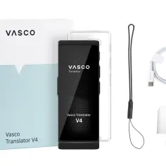 Zestaw Vasco Translator V4 z ładowarką, kablem i etui. Dobre opinie o Vasco Translator V4 potwierdzają jego jakość.