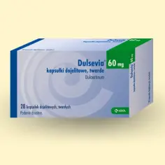 Opakowanie leku Dulsevia 60 mg, zawierające 28 kapsułek dojelitowych twardych. Stosowany w leczeniu depresji i innych schorzeń.