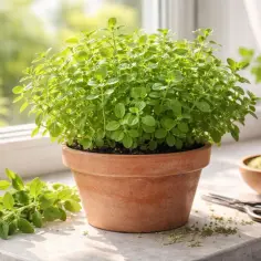 Zielony, bujny majeranek w doniczce obok butelki oliwy i miseczki suszonego oregano. Idealny do kuchni!