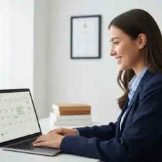 Uśmiechnięta kobieta planuje urlop na laptopie. Zastanawia się, ile dni urlopu przysługuje po studiach, przeglądając kalendarz.