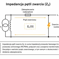 Schemat przedstawia impedancję pętli zwarcia (Zs). Określa ona dopuszczalną impedancję pętli zwarcia tabelę, wpływając na prąd zwarciowy i działanie zabezpieczeń.
