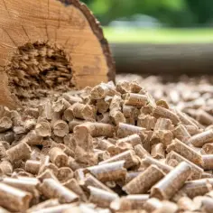 Kawałek drewna i sterta pelletu drzewnego na tle zieleni.