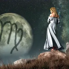 Kobieta w zwiewnej sukni patrzy na księżyc z symbolem Panny. Nocne niebo i gwiazdy tworzą mistyczną atmosferę. Ascendent w Pannie.
