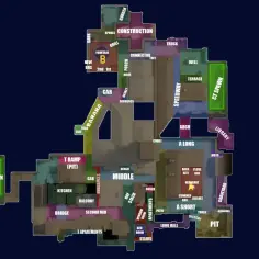 Mapa taktyczna Inferno z CS. Widoczne punkty strategiczne: B, A Long, A Short, Middle, T Spawn, CT Spawn.