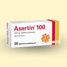 Opakowanie leku Asertin 100 mg, zawierające 30 tabletek powlekanych. Sprawdź aktualną sertralina cena.