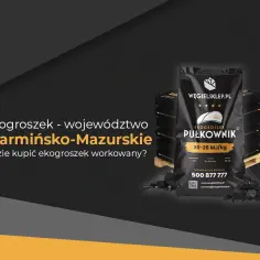 Worek ekogroszku "Półkownik" z informacjami o kaloryczności i wadze, na tle stosu worków.