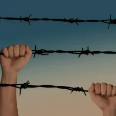 Dwie dłonie zaciskają się na drutach kolczastych, symbolizując walkę o wolność i nadzieję na amnestia.