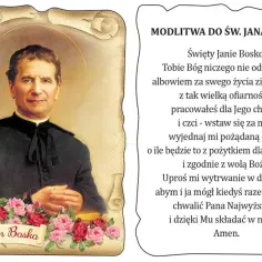 Litania do św. Jana Bosko. Obraz przedstawia świętego z aureolą, otoczonego różami, z tekstem modlitwy.