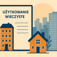 Dokument "Użytkowanie wieczyste" obok domów i wieżowców symbolizuje przekształcenie użytkowania wieczystego we własność.