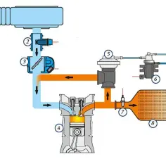 Schemat układu dolotowego silnika z turbosprężarką. Widać tu m.in. przepustnicę (3), turbosprężarkę (5) i intercooler (8).