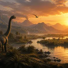 Dinozaury roślinożerne pasące się nad rzeką o zachodzie słońca. W tle góry i wulkan.
