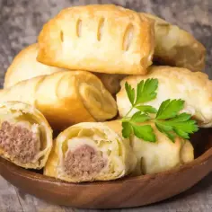 Stos pieczonego ciasta francuskiego z kiełbaską w środku, ozdobiony gałązką pietruszki.