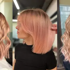 Trzy kobiety prezentują modne fryzury z subtelnymi odcieniami różowych włosów, od delikatnego różu po bardziej intensywne tony.