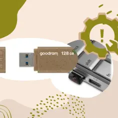 Jak sformatować zabezpieczony pendrive? Grafika przedstawia pendrive Goodram 128 GB i klawiaturę, sugerując rozwiązanie problemu.