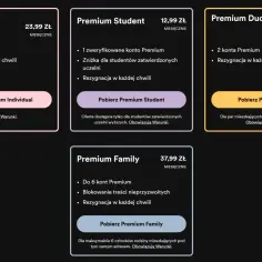 Spotify cennik: Premium Individual (23,99 zł/mies.), Student (12,99 zł/mies.), Duo (30,99 zł/mies.) i Family (37,99 zł/mies.).