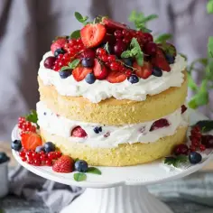 Prosty tort z mascarpone i owocami: biszkopt przełożony kremem i udekorowany truskawkami, borówkami, malinami i porzeczkami.