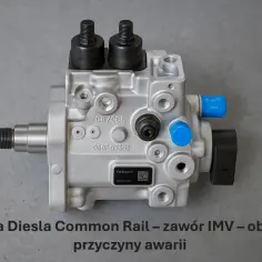 Metalowa pompa Diesla Common Rail z widocznym zaworem IMV, gotowa do diagnozy awarii.